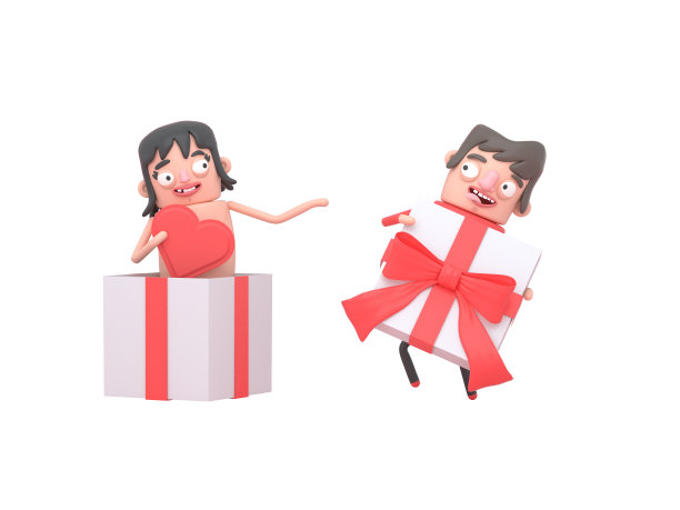 可爱的男孩正在打开他女朋友的礼物。盒子。红心形状。可爱。3 d演示。孤立。图片下载