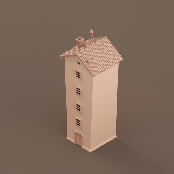 等距风格化薄和高层建筑，微型房地产，房子平坦和纯棕色，三维渲染图片下载