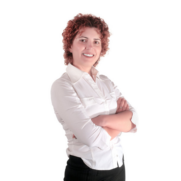 卷曲的红头发白人女商人在白色背景的肖像图片下载