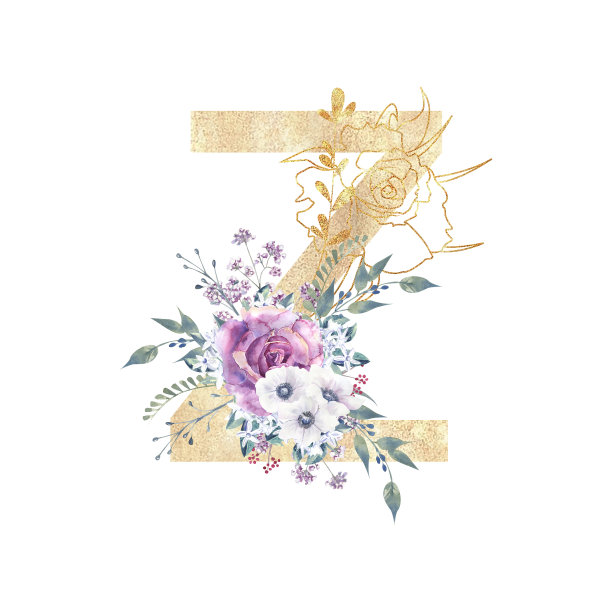英文字母中的金色字母z，白色孤立的背景上有一束紫色的玫瑰和银莲花。手绘水彩插图图片下载