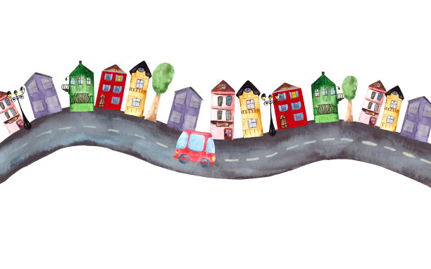 水彩画，蜿蜒的道路，五颜六色的房子，树木，街灯和一辆红色的汽车孤立在白色的背景上。彩色明信片为儿童插图和装饰。图片下载