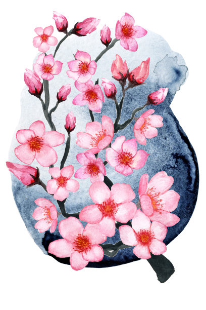 水彩日式明信片，含风景动物和竹子。白色背景上的传统日式水墨画。包含象形文字。图片下载