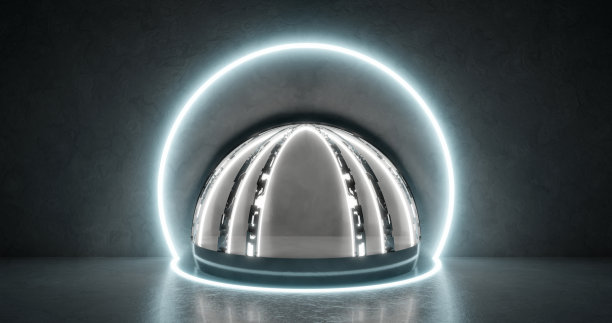 3 d渲染。在霓虹灯照耀下的明亮房间里，几何形状的抽象构图。一个用来做模型的讲台。图片下载