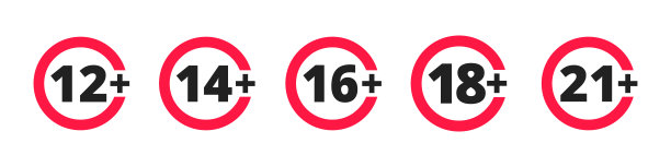成人内容只有年龄限制12,14,16,18,21岁以上的图标标志设置平面风格设计矢量插图。图片下载