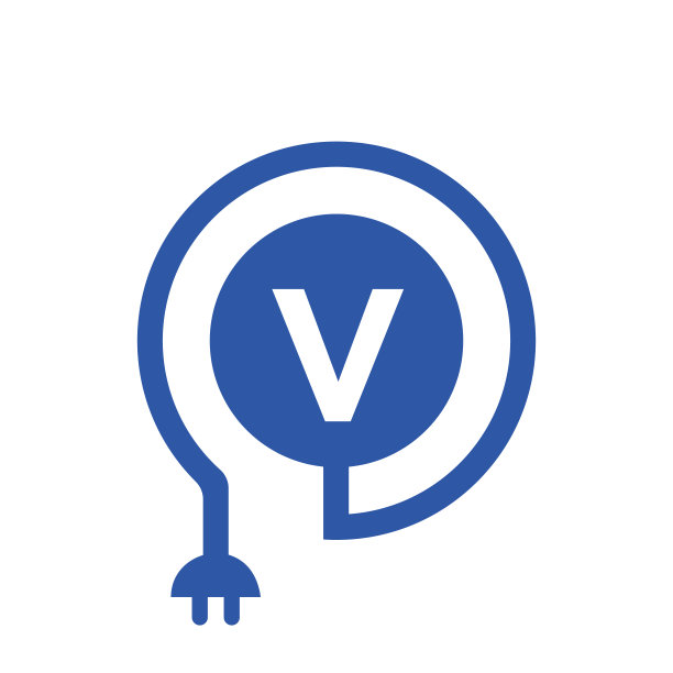 V字标志上的电子标志。V字母标志与卷曲电缆和插头适配器，电力，工业和技术矢量模板图片下载