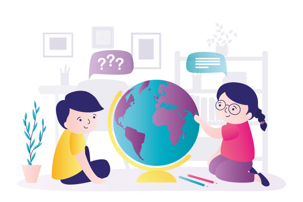 男孩和女孩探索地球。孩子们坐下来学习地理。教育理念与小学课堂图片下载