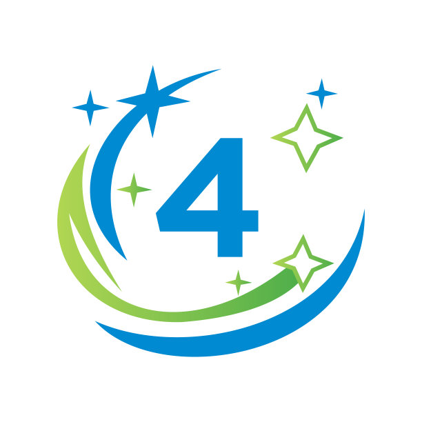 扫帚标志字母4标志。水滴模板。房子清洁标志上的字母4与水水疗概念图片下载