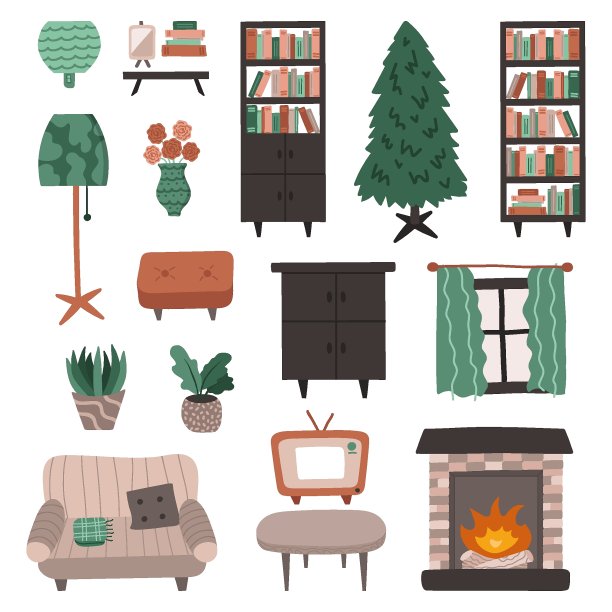 卡通客厅家具:沙发、书柜、台灯等。室内波西米亚风格。手绘矢量插图米色和绿色。复古的家里面。国内舒适的公寓。图片下载