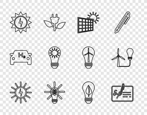 设置线太阳能电池板，签署文件，太阳，灯泡齿轮，叶片和风力涡轮机图标。向量图片下载