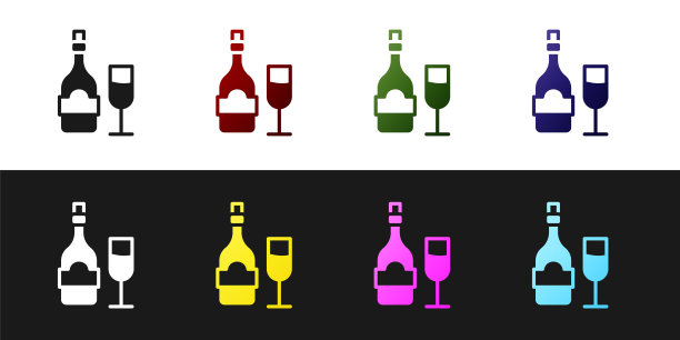 设置香槟瓶与玻璃图标孤立在黑色和白色背景。向量图片下载