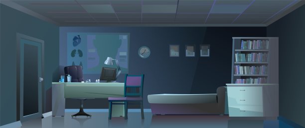 夜间的医生办公室。办公桌，扶手椅，电脑。为病人准备的沙发和椅子。医药海报和药品卡通有趣的风格插图。向量图片下载