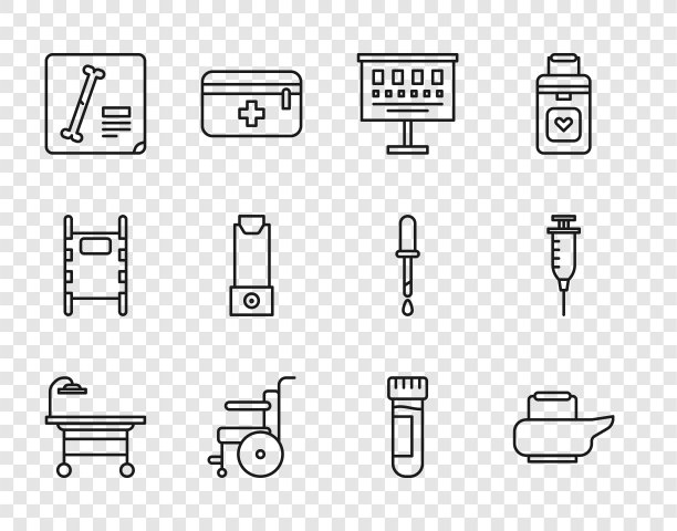 设有手术台、便盆、视力检查图、残疾人轮椅、x光片、吸入器、带血试管和注射器图标。向量图片下载