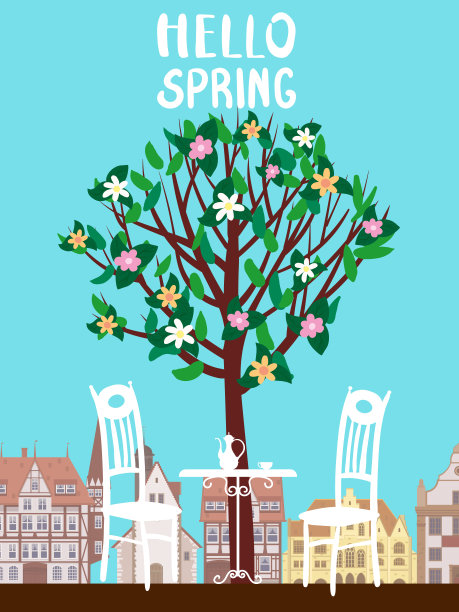 你好，春天在欧洲的城市建筑，树木开花。街道咖啡馆，椅子，桌子，咖啡壶。矢量插图图片下载