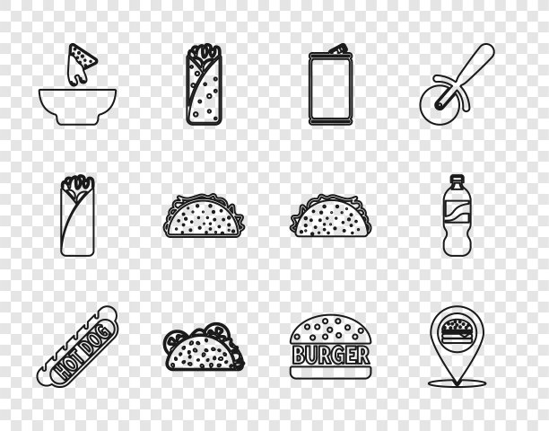 设置线热狗三明治，位置与汉堡，铝罐，塔可玉米饼，玉米片盘，汉堡和瓶装水的图标。向量图片下载