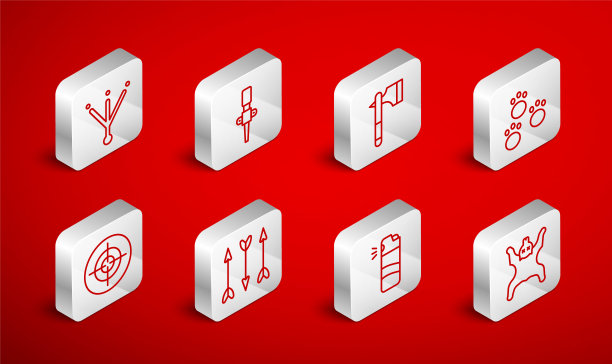 设置线熊皮肤，火炬火焰，木斧，爪印，胡椒喷雾，鸟脚印，潮人箭头和目标运动图标。向量图片下载