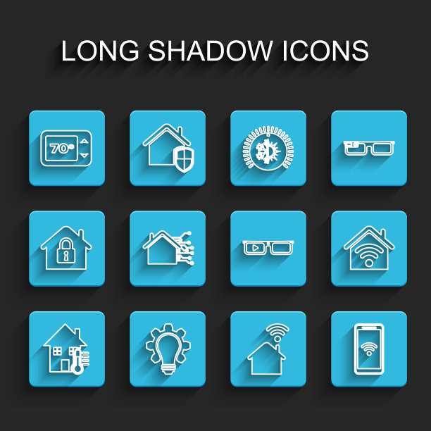 设置线房子的温度，灯泡和齿轮，恒温器，智能家居与wi-fi，移动无线，和眼镜图标。向量图片下载