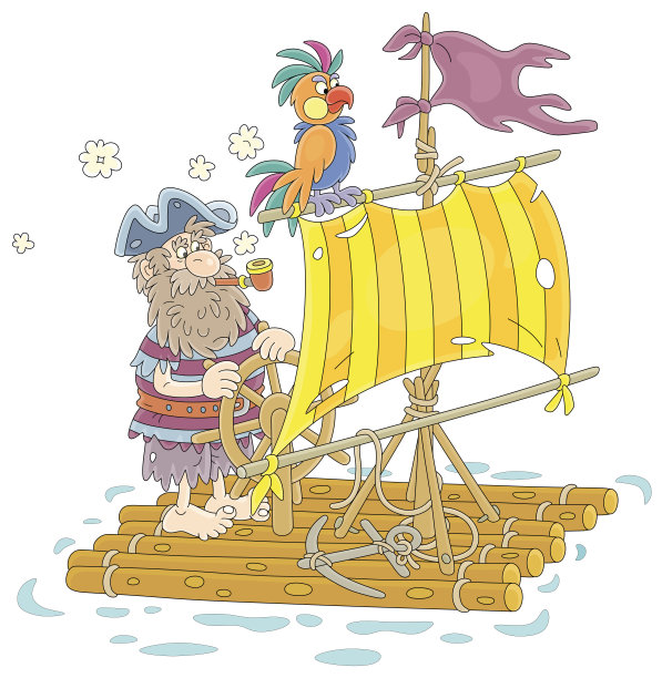 孤独的海盗船漂浮在木筏上图片下载