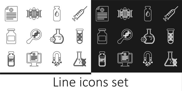 设置线DNA研究，搜索，医疗瓶，安瓿，药瓶，临床记录，生物工程和遗传图标。向量图片下载