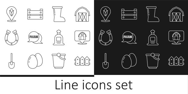 设置线花园栅栏木，位置农场房子，防水橡胶靴，演讲气泡农场，马蹄铁，玉米，满袋和木盒子图标。向量图片下载