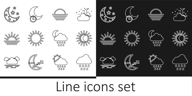 设置线云与雨，日蚀，日落，月亮和星星，月亮和睡眠图标。向量图片下载