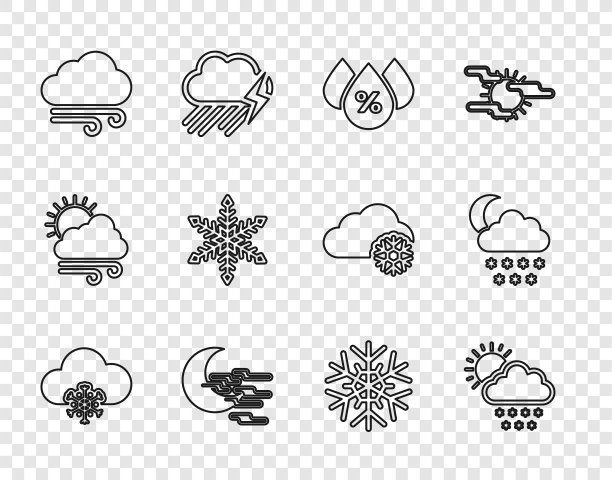设置线云与雪，太阳，水滴百分比，雾月，风天气，雪花，和图标。向量图片下载