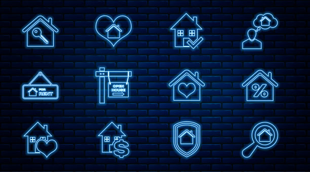 设置行搜索房子，房屋与percant，检查标记，悬挂标志开放，出租，钥匙，心形和图标。向量图片下载