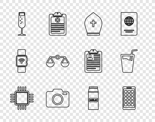 设置线处理器与CPU，移动应用程序，教皇帽，照片相机，香槟，天平正义，牛奶和水图标包装纸。向量图片下载