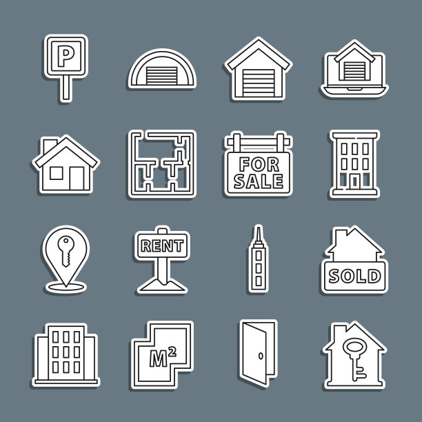 设置线房子与钥匙，悬挂标志文本出售，车库，计划，停车和出售图标。向量图片下载