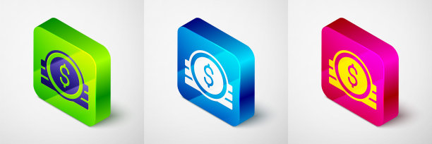 等距古代钱币图标孤立在灰色背景上。方形按钮。向量图片下载