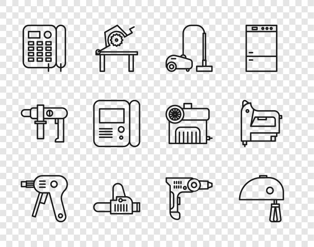 电热胶枪、搅拌机、吸尘器、电锯、电话机、室内对讲系统、钻孔机、建筑订书机图标。向量图片下载