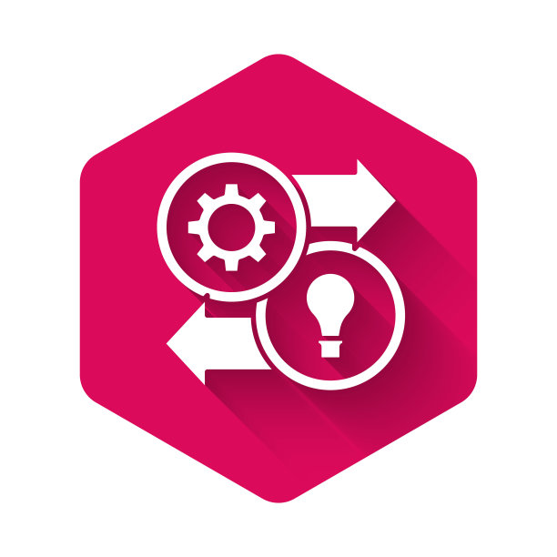 白色人力资源图标孤立与长阴影。人力资源管理理念，专业人员研究，猎头工作。粉红色的六角按钮。向量图片下载