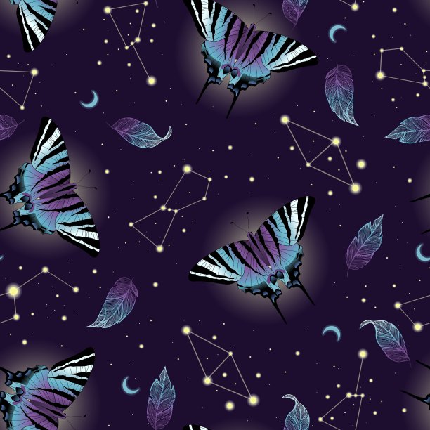 向量无缝图案与紫罗兰蝴蝶和星星。当代的成分。图片下载
