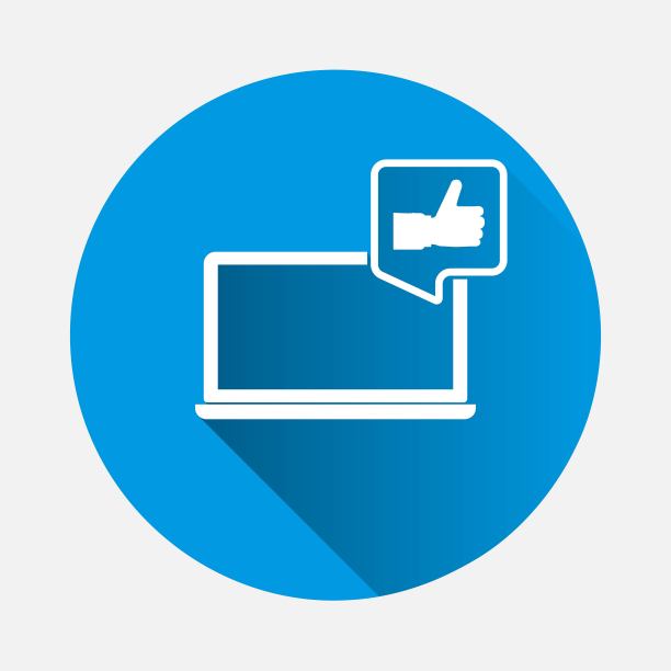 矢量笔记本电脑图标和手与拇指在蓝色背景。带有长阴影的平面图像。图层分组便于编辑插图。为你的设计。图片下载