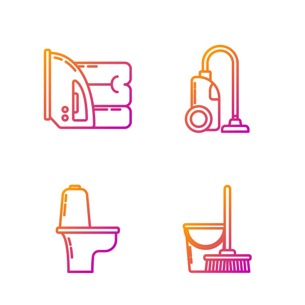 配备拖把、水桶、抽水马桶、电熨斗、毛巾、吸尘器。渐变颜色图标。向量图片下载