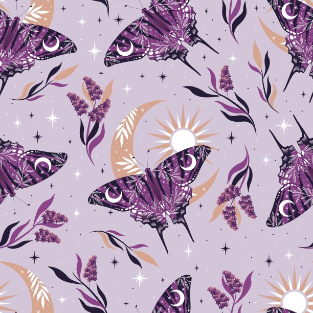 向量无缝图案与紫罗兰蝴蝶和星星。当代的成分。图片下载