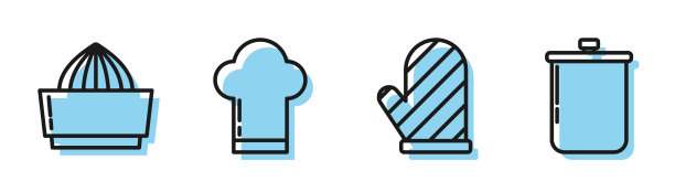 设置线烤箱手套，柑橘果汁机，厨师帽和烹饪锅图标。向量图片下载