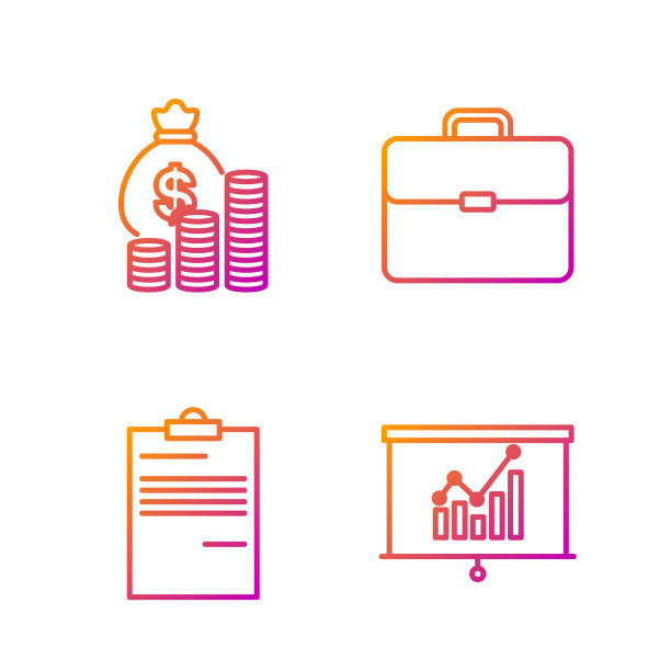 设有线路板、图表、文件、钱袋、硬币、公文包。渐变颜色图标。向量图片下载