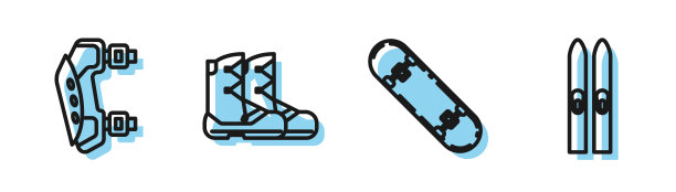 设置线滑板技巧，护膝，靴子和滑雪和棍子图标。向量图片下载