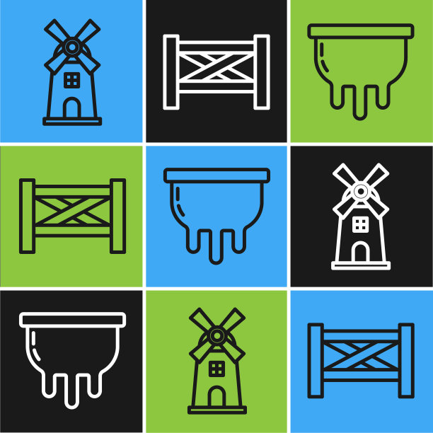 设置线风车，乳房和花园栅栏木图标。向量图片下载