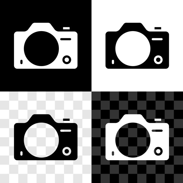 设置照片相机图标孤立在黑白，透明的背景。与相机。数码摄影。向量图片下载