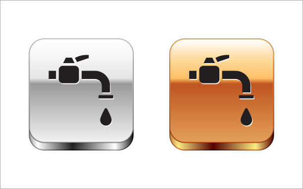 黑色水水龙头图标孤立在白色背景上。金银平方按钮。矢量图图片下载