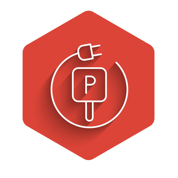 白线充电停车电动汽车图标孤立与长阴影背景。红色的六角按钮。向量图片下载