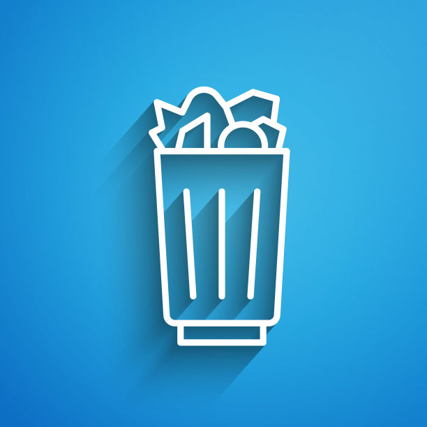 白线满垃圾桶图标孤立在蓝色背景上。垃圾桶的迹象。回收篮图标。办公室垃圾图标。长长的阴影。向量图片下载