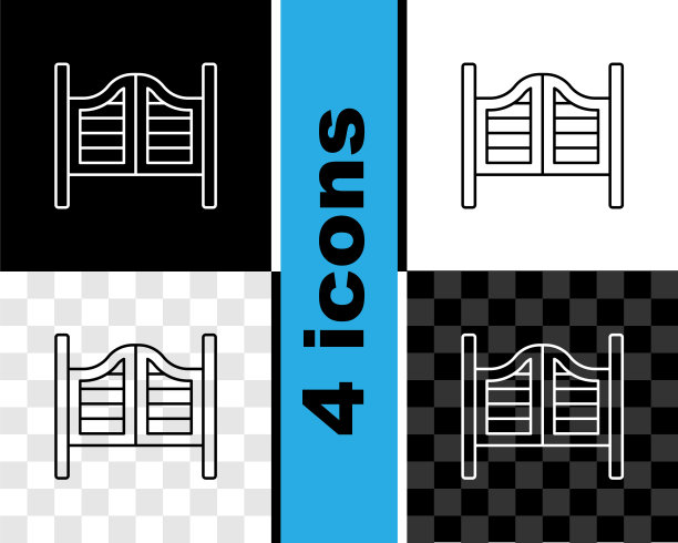 设置线老西方摇摆沙龙门图标孤立在黑白，透明的背景。向量图片下载