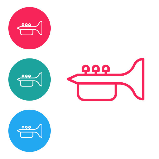 红色线喇叭图标孤立在白色背景上。乐器小号。在圆形按钮中设置图标。向量图片下载