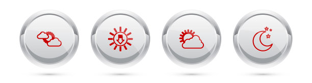 日落和云彩的天气，日落和月亮的星星。银圈按钮。向量图片下载