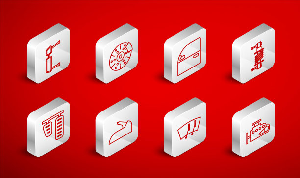 汽车引擎，制动盘卡钳，车门，减震器，挡风玻璃刮水器，卡车侧镜，手刹和油门图标。向量图片下载