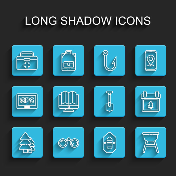 设置线树，望远镜，急救箱，漂流船，烧烤架，森林监视器的位置，日历与树和铲图标。向量图片下载