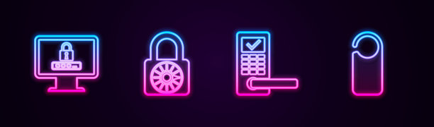 设置有密码的线路监视器，安全密码锁轮，无线数字门和请勿打扰。发光的霓虹灯图标。向量图片下载