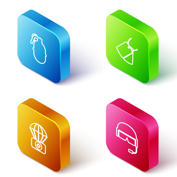 手榴弹，军犬标签，带急救箱的降落伞和头盔图标。向量图片下载